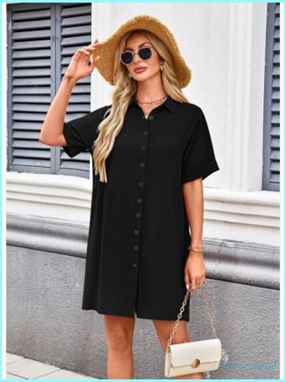 Women's Babydoll Dress Short Sleeve Button Down Sundress with Pockets - Picture 5 of 7